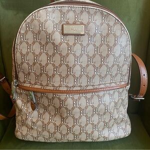 Lauren Ralph Lauren Monogram Backpack Brown Tan Canvas Leather Trim 12x12